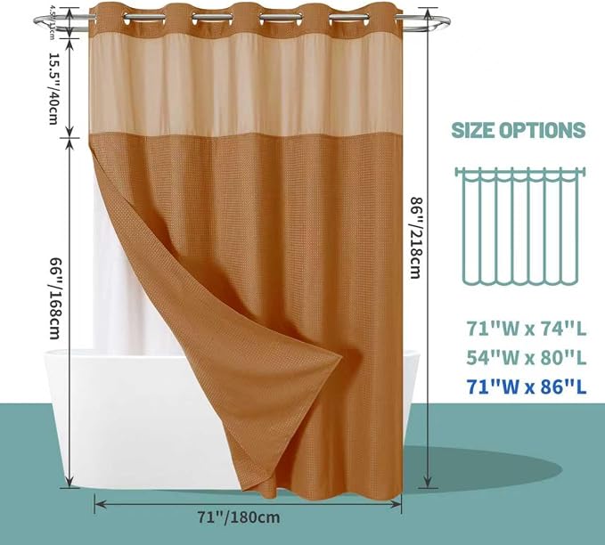 No Hook Long Waffle Shower Curtain, Snap-In Liner, 71x86 in, Burnt Orange | 230 GSM waffle weave fabric, waterproof liner set with 2 bottom magnets, mesh top window, washable, for bathroom or hotel use