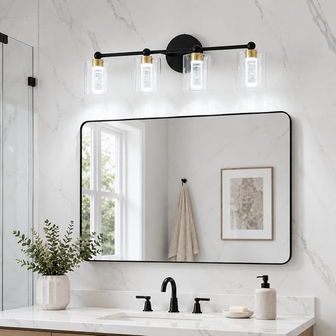 Black and Gold Vanity Light with 3 Color Modes, Eye Protection LED Bathroom Light Fixtures, Dimmable Modern Wall Light Over Mirror with Clear Glass Shade (Black & Gold, 4-Light)