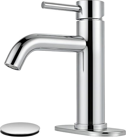 Bathroom Faucets Chrome Bathroom Sink Faucet Modern Single Handle Bathroom Faucet for 1 or 3 Hole Mxier Tap Washbasin Faucet with Deck, Pop-up Drain and Supply Hoses