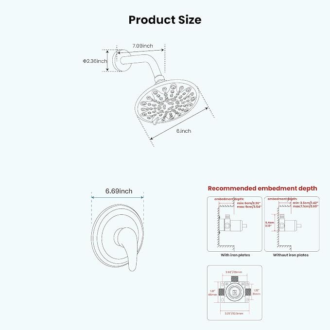 gotonovo Shower Faucet Set with Valve 6 Mode Rain Head Brushed Nickel | Bathroom Shower Head and Handle Set Complete Combo,6 Mode Multi 6’’ ABS Rainfall Showerhead,Brass Valve Trim Kit,Wall Mount