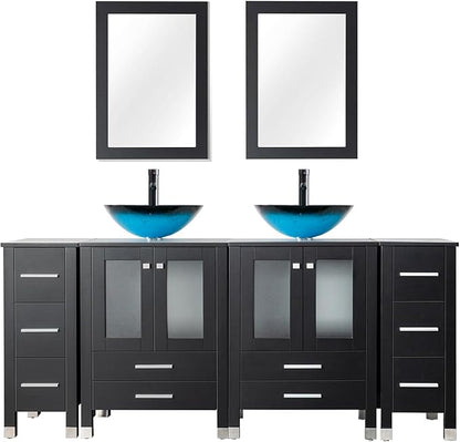 LUCKWIND 72" Double 24-in Bathroom Vanity with Sink Combo, Elegant Series with Two 12.6-in Side Cabinets, Painted Frame, Including Turquoise Square Sinks, Faucets Without Mirrors, Black