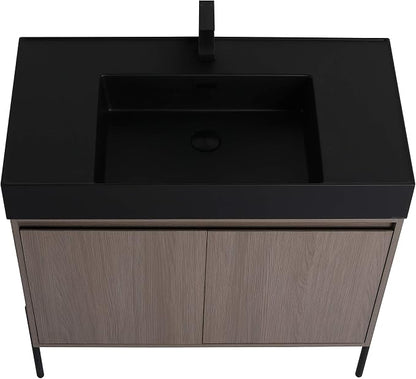 Crownpoint 36 Inch Bathroom Vanity with Sink, Black Sink, Gray Oak Finish, Full Assembly Required, Elegant Bathroom Vanities for Modern Homes