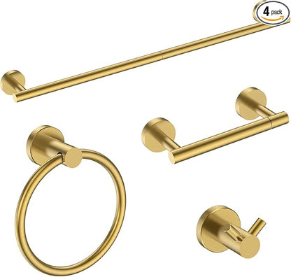 FORIOUS Bathroom Accessories, 4-Piece Bathroom Hardware Set - 18" Towel Bar | Brushed Gold | Towel Hooks, Towel Racks for Bathroom, Toilet Paper Holder Wall Mounted & Towel Ring | SUS304 Stainless Steel