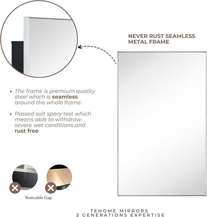 TEHOME Recessed Mount 16x26'' Squared Rectangle Silver Bathroom Medicine Cabinet with Mirror Silver Metal Framed Rectanglular Medicine Cabinet 2 Adjustable Glass Shelves