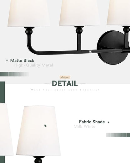 Bathroom Light Fixtures, 5 Light Matte Black Vanity Lights with Flared White Fabric Shade, 35 Inch Wall Sconce, Modern Sconces Wall Lighting for Hallway Bedroom, VL837-MB-5