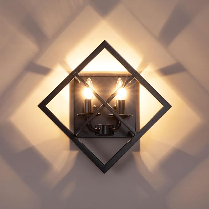 Farmhouse Wall Sconce, Black Rustic, E12 Base | Rustic Indoor Wall Light, 17.8 Inch, 2-Light, Hardwired, for Stairway, Living Room, Bedroom, Bathroom