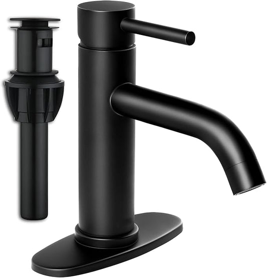 Bathroom Faucet Single Handle Black Bathroom Sink Faucet Matte Single Hole Basin Vanity Faucet 1 or 3 Hole Bathroom Faucet Single Handle Bathroom with Pop-up Drain & Deck Plate