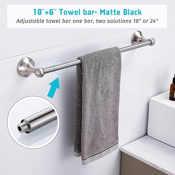 8 Piece Bathroom Accessory Set(Adjustable Towel Bar, Towel Ring, Toilet Paper Holder,Towel Hook), Wall Mounted Bathroom Hardware Accessories Set,Brushed Nickel