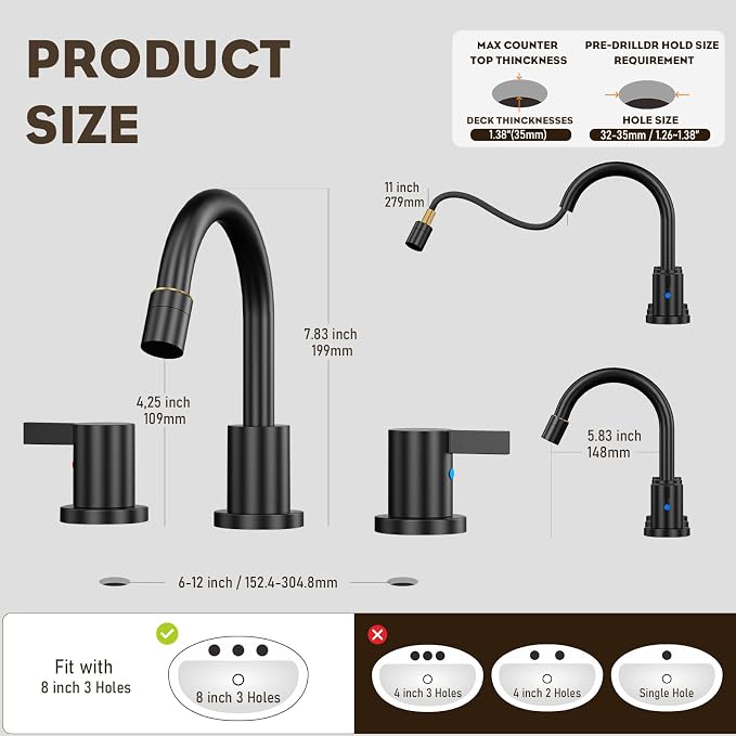 Pull Out Sprayer Matte Black 8 Inch Bathroom Sink Faucet, Widespread 2 Handles 3 Hole Pull Down Bathroom Faucet, with Pop Up Drain and Water Supply Line, BF04022-K01-MB