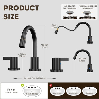 Pull Out Sprayer Matte Black 8 Inch Bathroom Sink Faucet, Widespread 2 Handles 3 Hole Pull Down Bathroom Faucet, with Pop Up Drain and Water Supply Line, BF04022-K01-MB