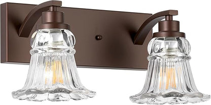 Vintage 2-Light Bathroom Vanity Light, Oil Rubbed Bronze Bathroom Light Fixtures with Floral Clear Glass Shades, Antique Wall Sconce Fixtures for Dressing Table, Bedroom