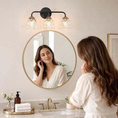 Daunton Vintage 3 Light Vanity Light, Black and Gold Bathroom Vanity Light, Bathroom Light Fixtures with Glass Shade, Antique Vanity Light Fixtures Over Mirror, Wall Sconce for Bedroom, Living Room