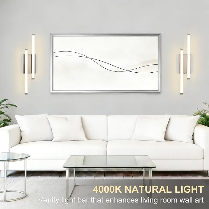 Bathroom Vanity Light Bar, 24 Inch 18W 3CCT Dimmable Modern LED Vanity Wall Light, Brushed Nickel Acrylic Hardwired Bathroom Light Fixtures over Mirror, Powder Room, Hallway, Washroom, Bath Entryway