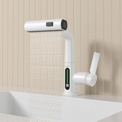 Bathroom Single Handle Basin Sink Pull Out Faucet with Rainfall Spray Head Temperature Digital Display Vanity Mixer Tap White