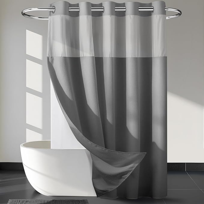 River Dream Heavyweight Waffle No Hook Shower Curtain with Liner,Gray,71x80 | Dotted Waffle,Snap-in Liner,Heavy Duty,Quick Dry,Mesh Top Window,With Bottom Magnets,Hotel-Grade,Washable,Long Size