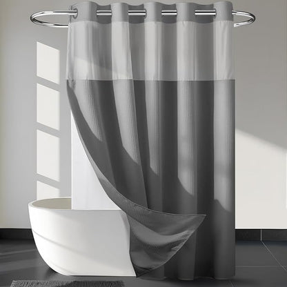 River Dream Heavyweight Waffle No Hook Shower Curtain with Liner,Gray,71x80 | Dotted Waffle,Snap-in Liner,Heavy Duty,Quick Dry,Mesh Top Window,With Bottom Magnets,Hotel-Grade,Washable,Long Size
