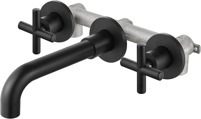 Airuida Solid Brass Matte Black Wall Mount Bathroom Faucet | 360° Swivel Spout,Rough in Valve,2 Cross Handle,3 Hole,Widespread