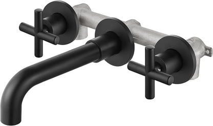 Airuida Solid Brass Matte Black Wall Mount Bathroom Faucet | 360° Swivel Spout,Rough in Valve,2 Cross Handle,3 Hole,Widespread