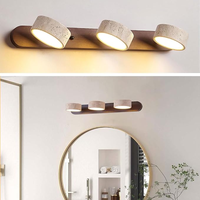 Yellow Travertine Vanity Light, 19.69" Wabi Sabi Modern Wooden Bathroom Light 360° Rotatable Natural Stone Lampshade Wall Lighting Fixture Over Mirror for Bathroom Farmhouse Home Decor 3 Lights