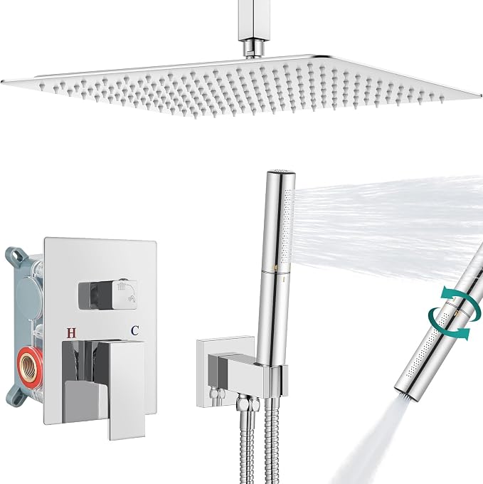 Aolemi Shower System with Rain Head and Handheld,16-Inch,Polish Chrome | High-Pressure Shower Faucet Set with Dual-Function Handheld,Rough-In Valve,1.8 GPM,Ceiling Mount Trim Kit