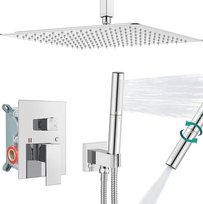 Aolemi Shower System with Rain Head and Handheld,16-Inch,Polish Chrome | High-Pressure Shower Faucet Set with Dual-Function Handheld,Rough-In Valve,1.8 GPM,Ceiling Mount Trim Kit