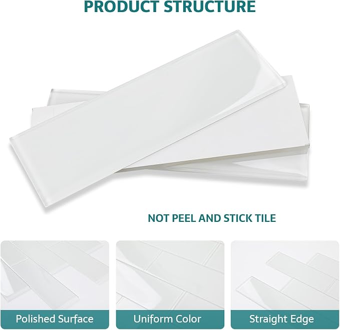 Glass Subway Tile, 4x12 Inch Glass Tile for Kitchen Backsplash Bathroom Shower Wall White (12 Pcs, 4 sq.ft)