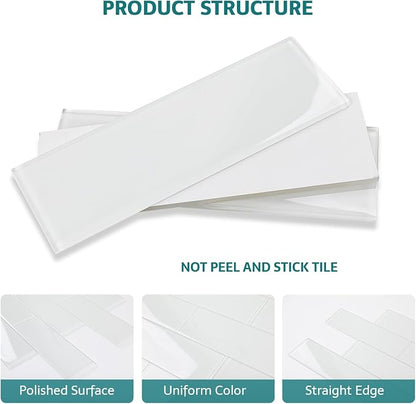 Glass Subway Tile, 4x12 Inch Glass Tile for Kitchen Backsplash Bathroom Shower Wall White (12 Pcs, 4 sq.ft)