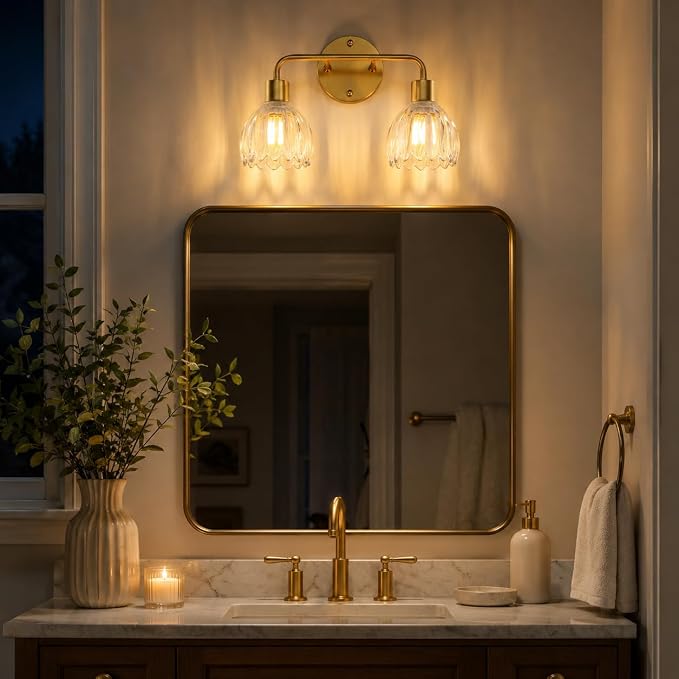 2-Light Gold Brass Bathroom Light Fixture with Clear Tulip Glass Shade,Wall Sconces,Vintage Vanlity Light Over Mirror,Bathroom Wall Light,E26 Socket(Bulbs Not Included)