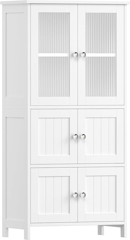 Akxomel 43.3'' H Bathroom Storage Cabinet with 6 Doors Adjustable Shelf | Bathroom Floor Cabinet, Linen Cabinet with Transparent Doors, Modern Bathroom Cabinet, Living Room, Kitchen, White