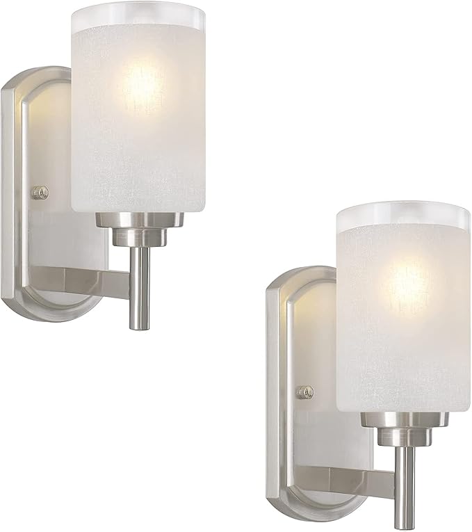 Sconces Wall Lighting Set of Two, Bathrooom Glass Vanity Light | Brushed Nickel Finish, 2 Pack, Frosted Glass Shade, Modern Wall Light Fixtures, For Porch Bedroom Hallway Living Room