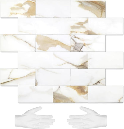 STICKGOO 10-Sheet Peel and Stick Backsplash, Calacatta Golden | Marble Look Kitchen Backsplash Wall Tiles, Peel and Stick Wall Panels for Bathroom, Fireplace, RV