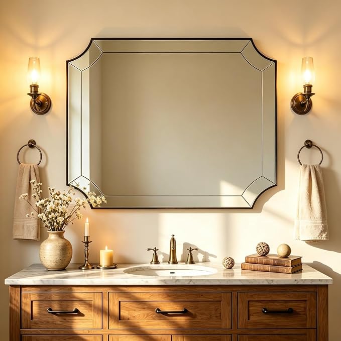 Black Bathroom Mirror, 30x40 Scalloped Mirror for Bathroom, Metal Framed Curved Vanity Mirror, Large Notched Corner Mirror with Delicate Tessellated Glass Design, Horizontal & Vertical