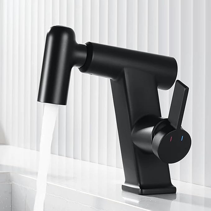 JRUIA White Bathroom Faucet, Brass Sink Mixer Tap, Pull Out Spray, Three Water Output Modes, Modern Swivel Kitchen Faucet,Black