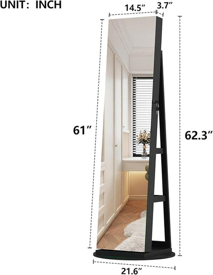 360° Swivel Jewelry Armoire with Full-Length Mirror, Lockable Standing Jewelry Cabinet Organizer w/ Inside Makeup Mirror, Back Storage Shelves for Bedroom, Cloakroom, Living Room (Antique Black1)