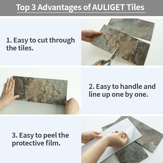 AULIGET 2-Piece Beige & Brown Slate Peel and Stick Backsplash Wall Tiles, 6" x 12" PVC Faux Stone Stick on Tiles for Kitchen Backsplash