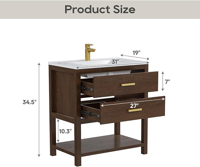 30 Inch Bathroom Vanity with Sink, Farmhouse Storage Cabinet with Drawers & Open Storage Shelf, Easy Assembly, Adjustable Feet, Walnut