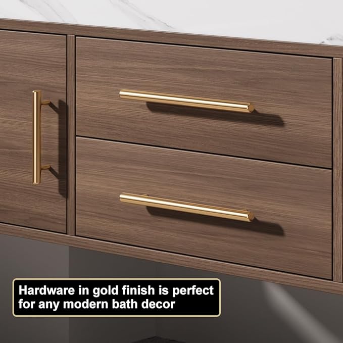 Bathroom Vanity with Sink 39.5" Floating Bathroom Vanity Sintered Stone Modern Bathroom Vanity Set, Walnut (Wall Mounted, Gold Handle)
