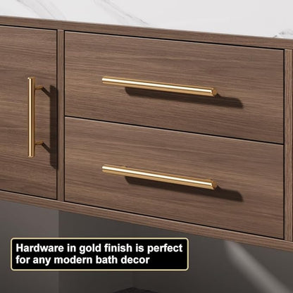 Bathroom Vanity with Sink 39.5" Floating Bathroom Vanity Sintered Stone Modern Bathroom Vanity Set, Walnut (Wall Mounted, Gold Handle)