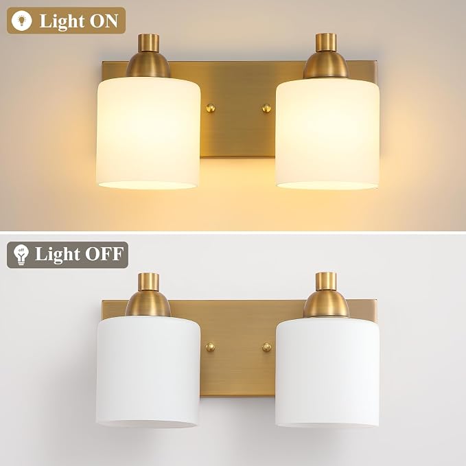 Mecgirn Stainless Steel Milk Glass Vanity Lights for Bathroom, 2 Light Brass Bathroom Light Fixtures Over Mirror, Ceramic E26 Sockets Wall Mounted