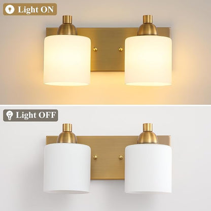 Mecgirn Stainless Steel Milk Glass Vanity Lights for Bathroom, 2 Light Brass Bathroom Light Fixtures Over Mirror, Ceramic E26 Sockets Wall Mounted