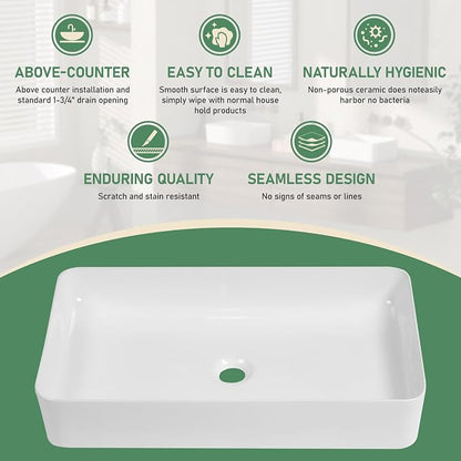 24 Inch White Rectangle Vessel Bathroom Sink | Ceramic, Above Counter, Rectangular Shape, Easy to Clean, Recommended Installation, Ideal for Bathroom, Lavatory, Vanity