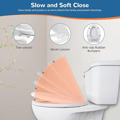 Elongated Toilet Seat Soft Close with Cover, Oval Toilet Seat Replacement with Non-Slip Toilet Bolts and Bumpers, Compatible with Kohler, American Standard, TOTO, One-Click Release, White