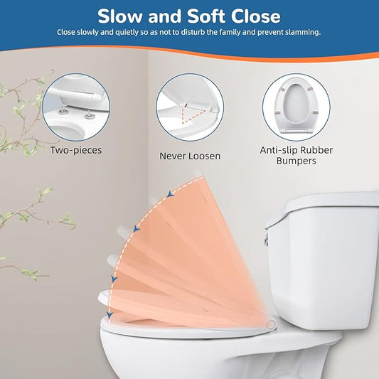 Elongated Toilet Seat Soft Close with Cover, Oval Toilet Seat Replacement with Non-Slip Toilet Bolts and Bumpers, Compatible with Kohler, American Standard, TOTO, One-Click Release, White