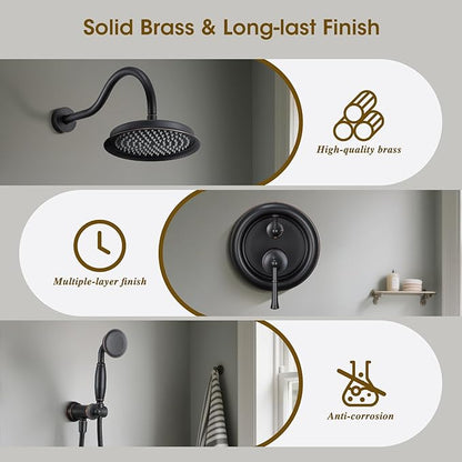 Rain Shower Head with Handheld Spray, Rainfall Shower System with Rough-in Valve, Shower Faucet Set, 9 Inch Luxury Shower Trim Kit Wall Mount, Oil Rubbed Bronze