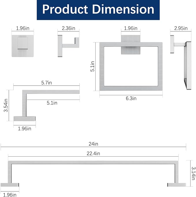Gypie 24Inch Bathroom Accessory Set Wall Mounted, Brushed Nickel 5-Pieces | Stainless Steel Bathroom Hardware Set Towel Bar Set