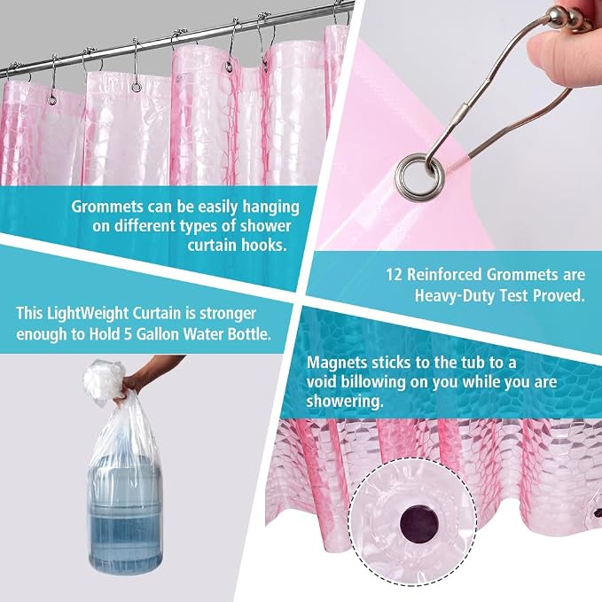 Ga-Geetopia EVA 3D Pink/Magenta Water Cube Plastic Shower Curtain Liner - Premium Light Weight 72" x 72" Bathroom Shower Showroom Curtain Liner with Rustproof Metal Gromments and Weighted Magnet