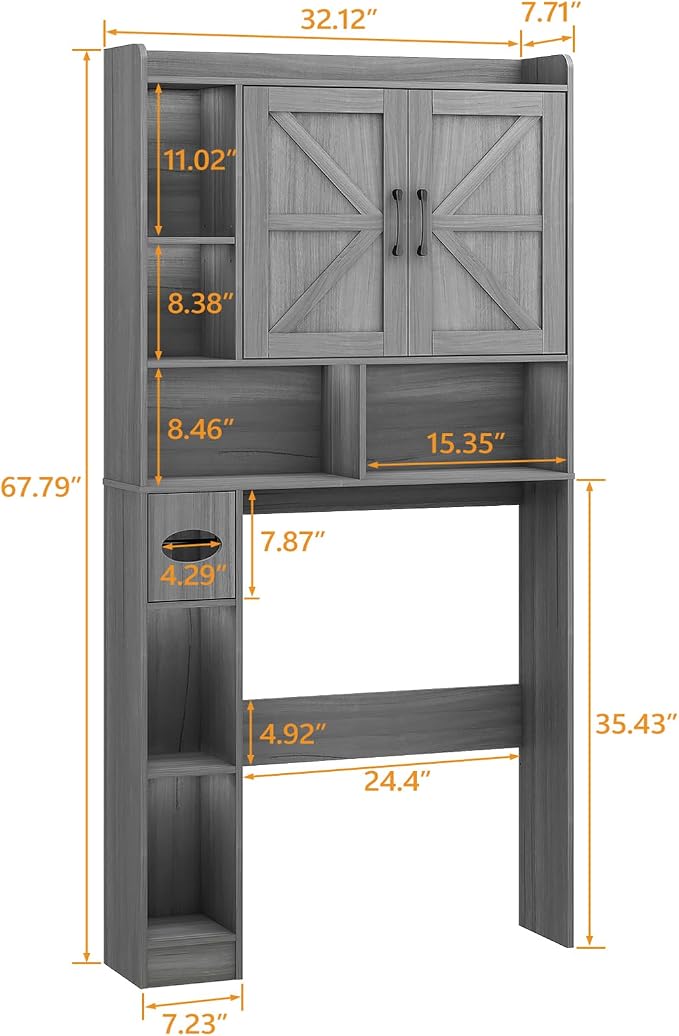 Vabches Over The Toilet Storage Cabinet with 2 Barn Doors, Gray | Farmhouse Storage Cabinet with Toilet Paper Holder Stand，Home Space-Saving Toilet Rack, for Bathroom, Restroom, Laundry