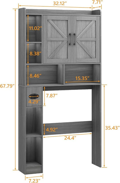 Vabches Over The Toilet Storage Cabinet with 2 Barn Doors, Gray | Farmhouse Storage Cabinet with Toilet Paper Holder Stand，Home Space-Saving Toilet Rack, for Bathroom, Restroom, Laundry