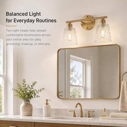 Brushed Gold Bathroom Vanity Light Over Mirror, 2-Light Stainless Steel Wall Mount Fixture with Textured Glass Shades, Modern Vanity Lighting, E26 Sockets (Bulbs Not Included)