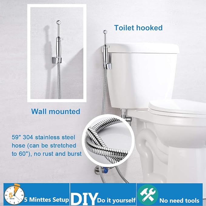 SonTiy Handheld Bidet Sprayer for Toilet, All Metal Cloth Diaper Toilet Sprayer Bidet Attachment with Backflow Preventer, Adjustable Water Jet Spray, 7.2" Brass Hand Held Bidet Wand, Chrome